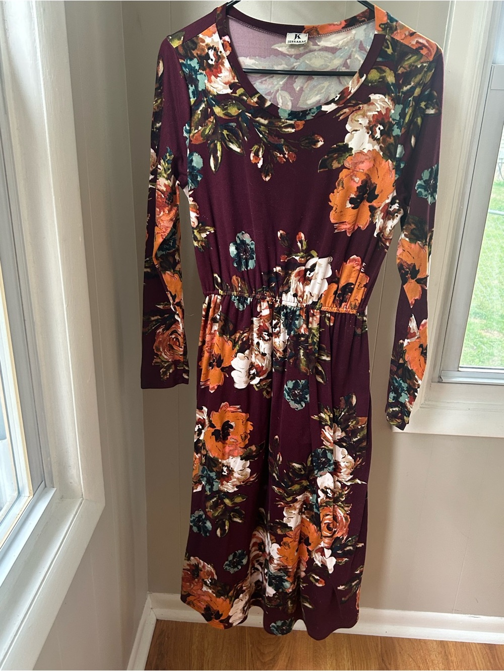 JessaKae Burgundy Floral Long-Sleeve Midi Dress
